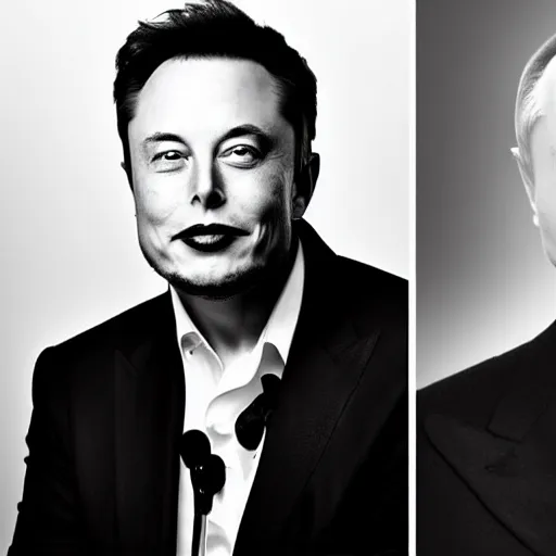 Prompt: A portrait of Elon musk merged with Vladimir Putin. Photograph, high contrast, black and white