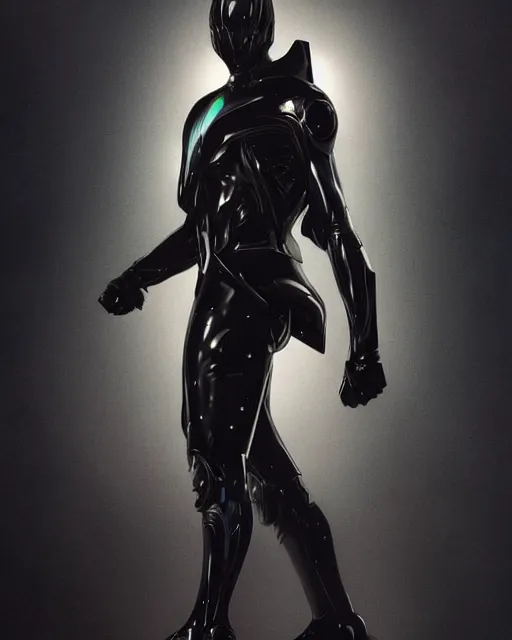 Image similar to iridescent sinewy smooth muscular male sleek glossy black pearlescent scifi armor with smooth black featureless helmet, by greg rutkowski, mark brookes, jim burns, magali villeneuve, trending on artstation