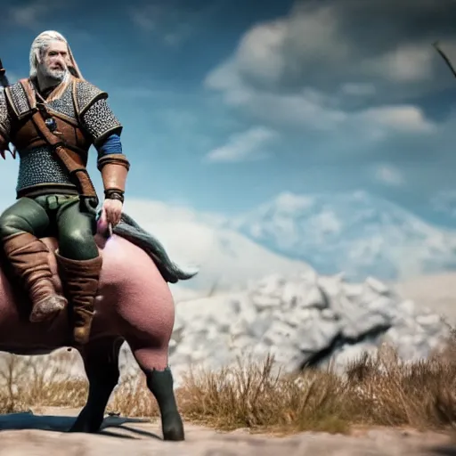 Image similar to witcher riding on pig, claymation, cinematic, 8 k,