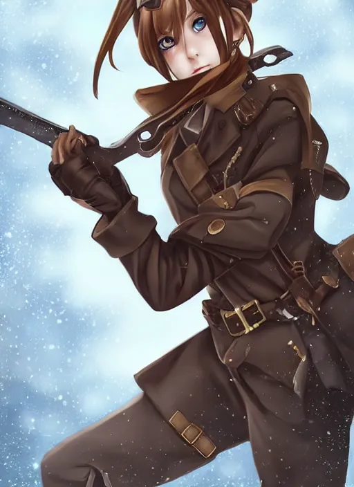 Image similar to girl with steampunk weapons and uniform, serious, intense, finely detailed, made by artgerm, full body portrait, illustration, snow, snowing, cloudy, anime, side view, perfect anime face, realistic face, zoomed out, smooth, brown eyes, high waisted shorts, sharp focus