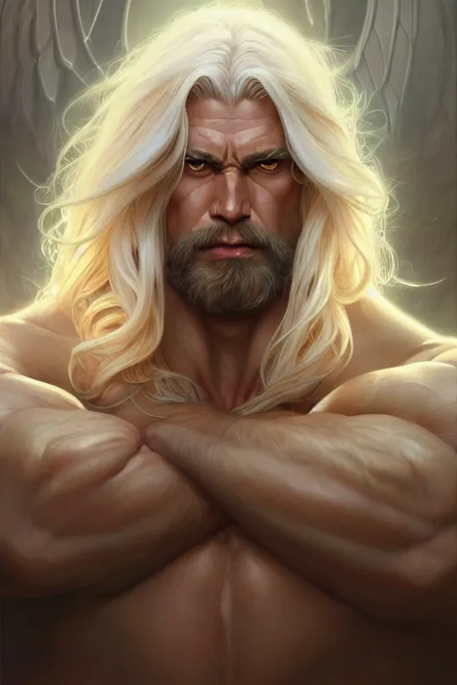 Image similar to big muscular man with long white hair, fantasy, amber eyes, face, long hair, intricate, elegant, highly detailed, digital painting, artstation, concept art, smooth, sharp focus, illustration, art by artgerm and greg rutkowski and alphonse mucha