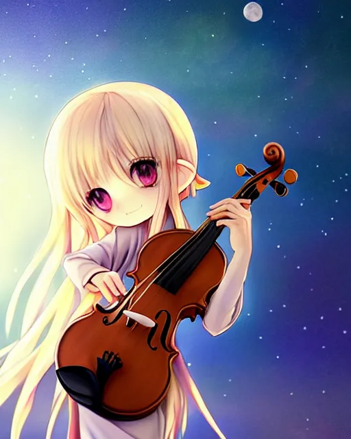 Image similar to chibi, cute, big eyes, full body, elf girl with white skin and golden long wavy hair, holding a violin and playing a song, stunning art style, filters applied, lunar time, night sky, trending art, sharp focus, centered, landscape shot, fate zero, simple background, studio ghibly makoto shinkai yuji yamaguchi, by wlop