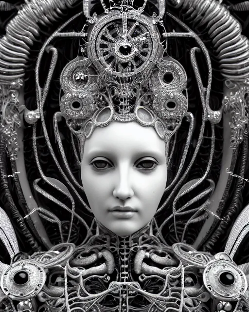 Image similar to mythical black and white organic bio-mechanical spinal ribbed profile face portrait detail of silver mechanical beautiful female angelic-queen-vegetal-cyborg, highly detailed, intricate steampunk flower and diamonds and gemstones ornate, poetic, 3D render, digital art, octane render, 8K artistic photography, photo-realistic, by Dora Maar