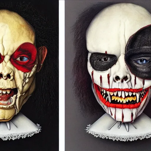 Prompt: a split personality tries to separate, left is white and looks kind, right is black and looks evil, by Giuseppe Arcimboldo, colored pencils, hyper realistic,hyper detailed