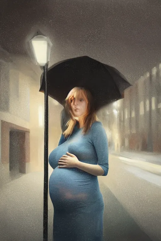 Image similar to pregnant woman under street light, highly detailed, sharp focused, ultra realistic digital concept art by Alyssa Monks