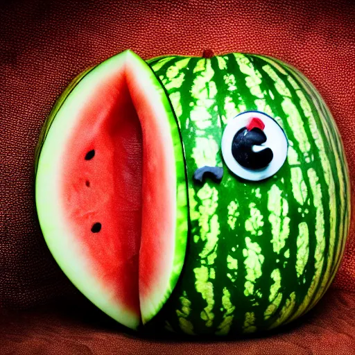 Image similar to a spooky photo of a watermelon with legs, professional photo, award winning, detailed, 8 k, watermelon