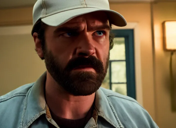 Image similar to film still of jim hopper as dustin henderson in stranger things, 8 k