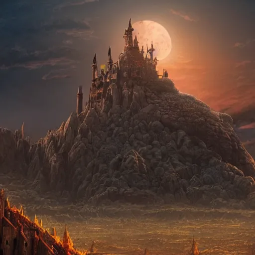 Image similar to large fantasy castle rising from the top of a giant tortoise, towering over a harsh barren sandy wasteland, distant shot angled slightly up, fantasy, hyper detailed, 4 k, howls moving castle, mortal engines, kaiju,