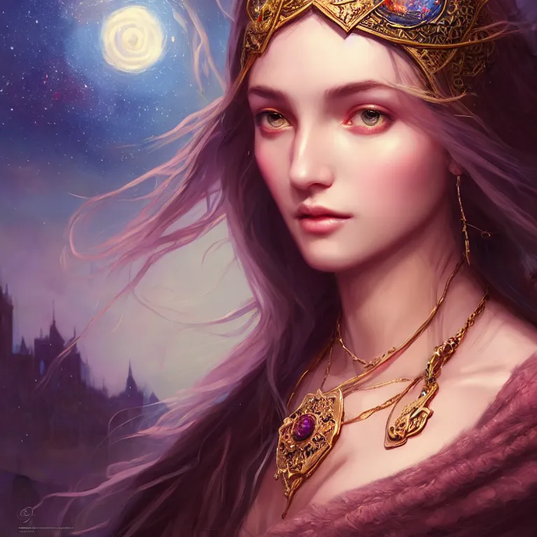 Prompt: masterpiece portrait charming and miracle female luxury astromancer boho accessories in dreamlike movie, akali, high detailed face, art by artgerm, greg rutkowski, sasoura, satchely, big major starry sky and city in background, uhd, medium long shot, fantasy, twlight, no distorsion, sharp focus,