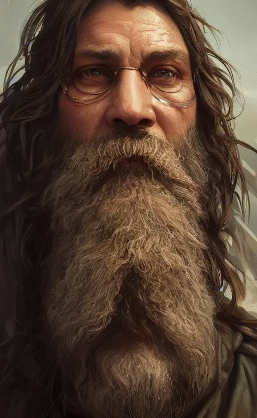 Image similar to close up portrait painting of a bearded survivor, ultra realistic, concept art, intricate details, serious, highly detailed, photorealistic, octane render, 8 k, unreal engine. art by artgerm and greg rutkowski and alphonse mucha