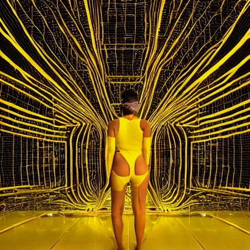 Prompt: love, diverse yellow cybersuits, from behind, connection rituals, wide wide angle, vivid, elaborate, highly detailed, beautiful lighting