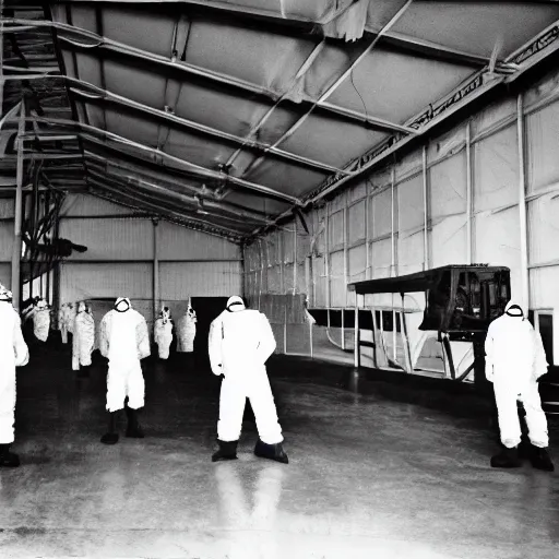 Image similar to flarge black triangle ship inside a hanger, old photo, vintage photo, grainy, realistic, real photo, men in hazmat suits standing around