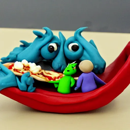 Image similar to polymer clay dragons in a canoe, eating pizza, claymation