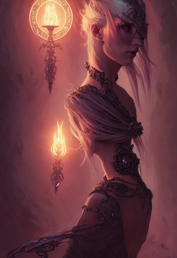 Image similar to Necromancer Sorceress, fantasy magic, undercut hairstyle, dark light night, intricate, elegant, sharp focus, illustration, highly detailed, digital painting, concept art, matte, art by WLOP and Artgerm and Greg Rutkowski and Alphonse Mucha, masterpiece