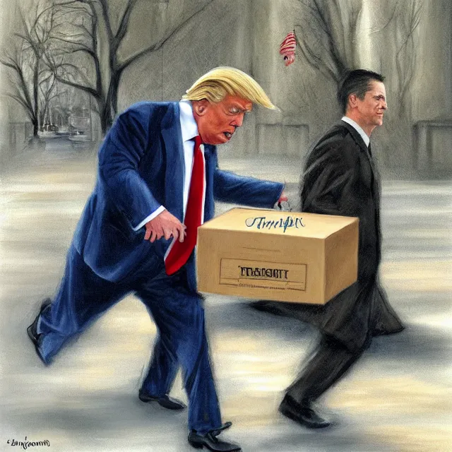 Prompt: trump sneaking out of the white house with a box of top secret documents, by jon mcnaughton