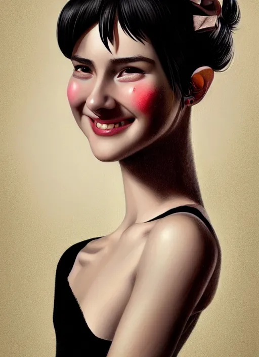 Image similar to fully body portrait of high school girl, realistic, black hair, bangs, half updo hairstyle, pointy nose, skinny, smile, ugly, defined jawline, big chin, hair bow, earrings, intricate, elegant, glowing lights, highly detailed, digital painting, artstation, sharp focus, illustration, art by wlop, mars ravelo and greg rutkowski