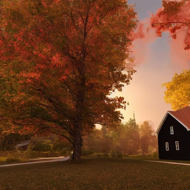 Image similar to black colonial new england house, tall maple tree in yard, large chimney with smoke, old street lamp, lights on inside, fall foliage, vermont mountain background, light cinematic, volumetric, realistic, cinematic lighting, ray tracing, unreal engine 5, octane render, hyper realistic, 8 k