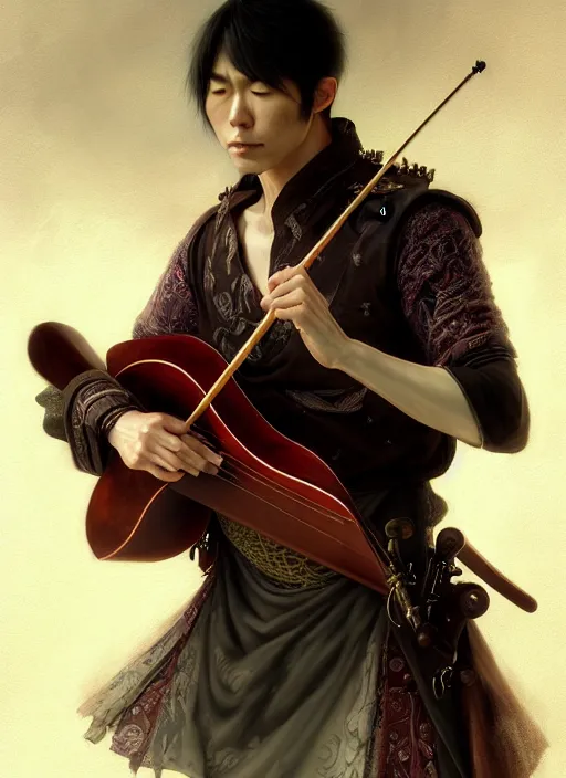 Image similar to a strong japanese male bard playing lute, full body, hyper realistic, blade runner, extremely detailed, dnd character art portrait, dark fantasy art, intricate fantasy painting, steampunk, dramatic lighting, vivid colors, deviantart, artstation, by clyde caldwell and krenz cushart and artem demura and john williams waterhouse