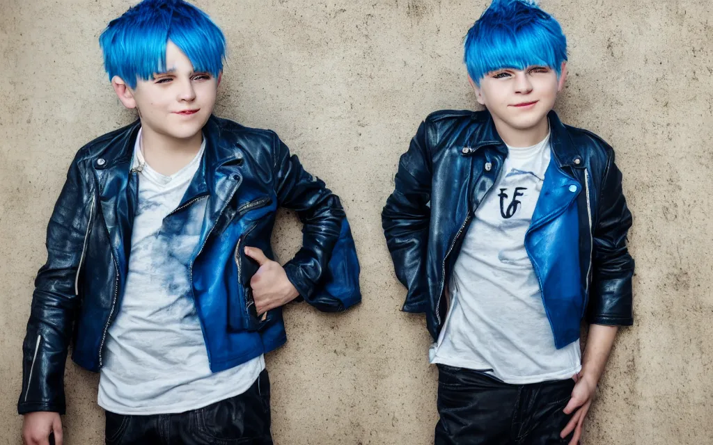 Prompt: A portrait of a Cute Boy with blue hair wearing a leather jacket. 4K HD Wallpaper. Premium Prints Available