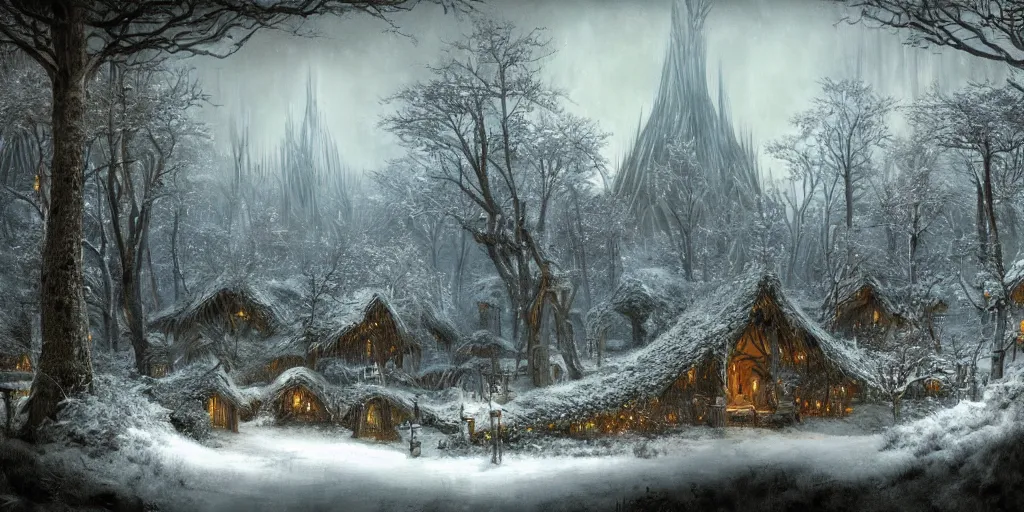 Image similar to Lothlórien with elven homes during winter, evening, detailed matte painting, cinematic, Alan Lee, Artstation