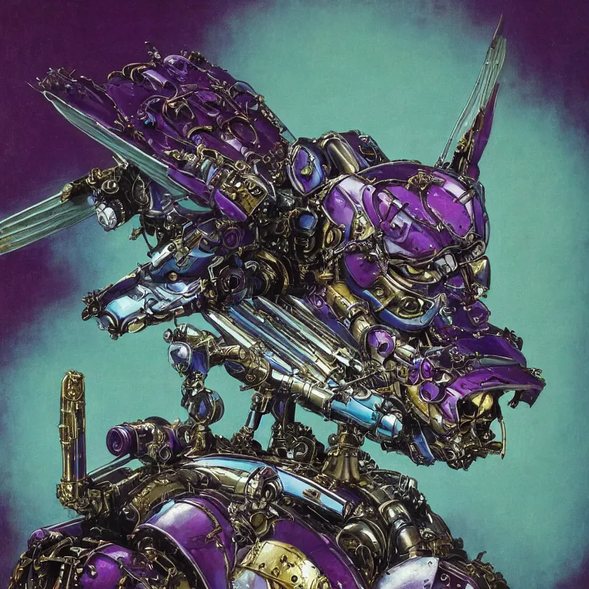 Prompt: a baroque neoclassicist renaissance close - up portrait of a minimalist purple and turquoise iridescent whimsical 1 8 0 0 s japanese mecha gundam hawk eagle falcon bird with big glowing eyes. reflective detailed textures. gloomy dark black background. highly detailed fantasy science fiction painting by moebius, norman rockwell, frank frazetta, and syd mead. rich colors, high contrast. artstation