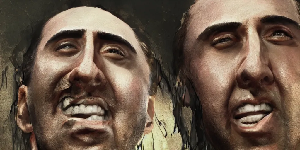 Image similar to A giant face of Nicolas Cage melting in a moutain, inspired by Everett Raymond Kinstler, artstation, 8k, photorealism