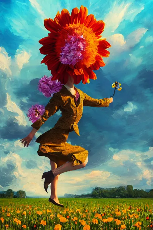 Image similar to closeup, giant flower head, girl in suit jumping in field of flowers, surreal photography, sunrise, blue sky, dramatic light, impressionist painting, digital painting, artstation, simon stalenhag