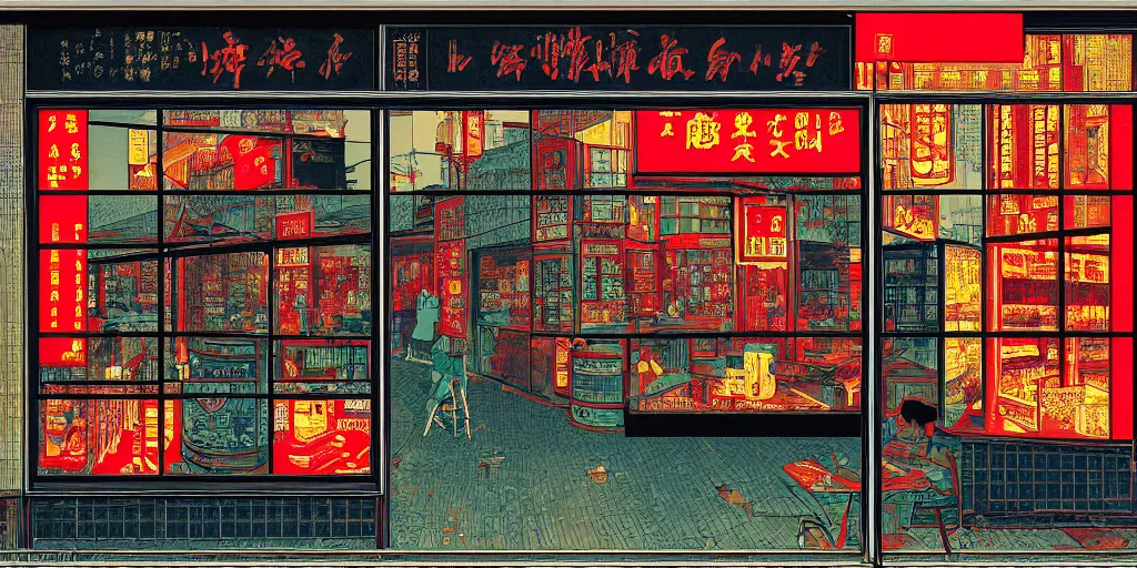 Image similar to a window view, through the window is another shop window in hong kong, by dan mumford and peter doig and edward hopper, minimal, black in, thick lines highly detailed, muted colours, overlaid with chinese adverts, 8 k