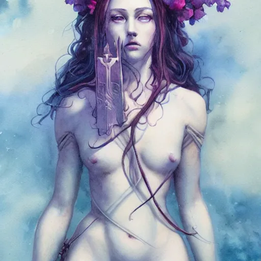 Prompt: full body portrait, long shot, Crucifixion pose, of a beautiful goddess, sworming in flowers, magical, pale skin, blue eyes, long black hair, floating in a misty daze, by pete mohrbacher and greg rutkowski, watercolor painting, deviantart, pinterest