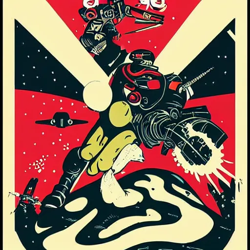 Image similar to pin-up art of a space marine riding a nuclear bomb vintage colours by mcbess