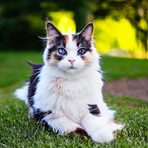 Prompt: a fluffy cute calico cat sitting on the corner of a front yard outside in the late afternoon on a beautiful summer day, sunset