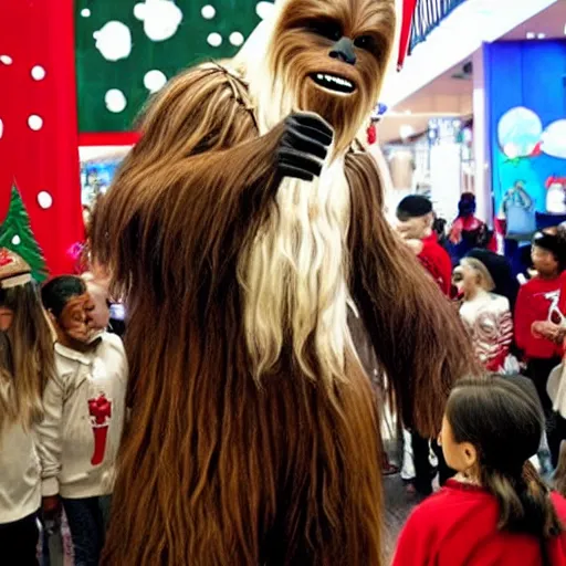 Image similar to chewbacca as the santa - claus - at - the - mall taking kids christmas wishes