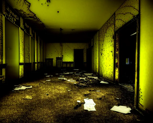 Prompt: the backrooms, the eerie forlorn atmosphere of a place that's usually bustling with people but is now abandoned and quiet, walls with tone of yellow, buzzing fluorescent lights, unsettling images