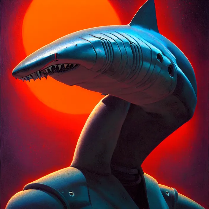 Prompt: Hammer head shark with orange legs cinematic bust portrait , head and chest only, exotic alien features, robotic enhancements, desaturated, Tim Hildebrandt, Wayne Barlowe, Bruce Pennington, donato giancola, larry elmore, oil on canvas, masterpiece, trending on artstation, featured on pixiv, cinematic composition, dramatic pose, beautiful lighting, sharp, details, hyper-detailed, HD, HDR, 4K, 8K