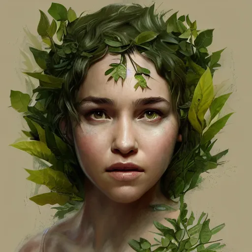 Image similar to emilia clark as a dryad, her skin are yellow leaves portrait, highly detailed, headshot, digital painting, trending on artstation, concept art, sharp focus, illustration, art by artgerm and greg rutkowski and magali villeneuve