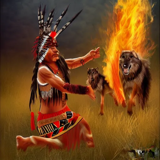 Prompt: Native american dancing around a fire with wolves, hd, tribal, intricate, 8k, digital art