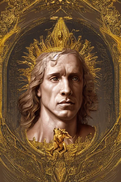 Image similar to a dog as god with a radiant halo, detailed face, gorgeous, amazing, flowing hair, very muscular male body, partial anatomy, stormy and grand war scene, delicate and intricate borders for decoration, caesar victorious, proud Emperor, crepuscular ray, intricate, highly detailed, 8K, digital painting, fantasy, artstation, concept art, sharp focus, over-shoulder shot, illustration, art by greg rutkowski beeple and alphonse mucha