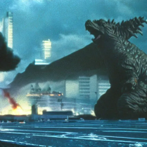 Image similar to wide scenic shot from the David Lynch production of Godzilla vs mechakraken, depicting several kaiju fighting. Cinematic, VHS copy, film grain, 35mm film.