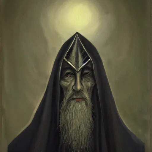 Prompt: a portrait of an evil wizard, wearing a long dark shadowy cloak, dark shadows obscuring face, silver metal crown on head, oil painting, high detail