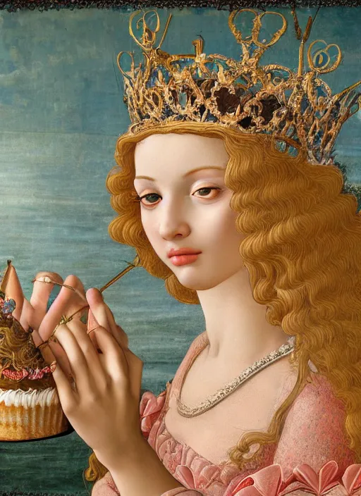 Prompt: closeup medieval botticelli face portrait of a fairytale princess wearing a crown eating cakes in the castle, bikini, depth of field, zeiss lens, detailed and intricate environment, fashion photoshoot by nicoletta ceccoli, mark ryden, lostfish, breathtaking, 8 k resolution, extremely detailed, beautiful, establishing shot, artistic, hyperrealistic, octane render