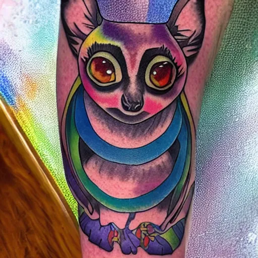 Image similar to shoulder tattoo of a multicolored trippy bushbaby with rainbow colored spiral eyes, long fur in rainbow colors, surrounded with a ring of colorful leaves and flowers, insanely integrate