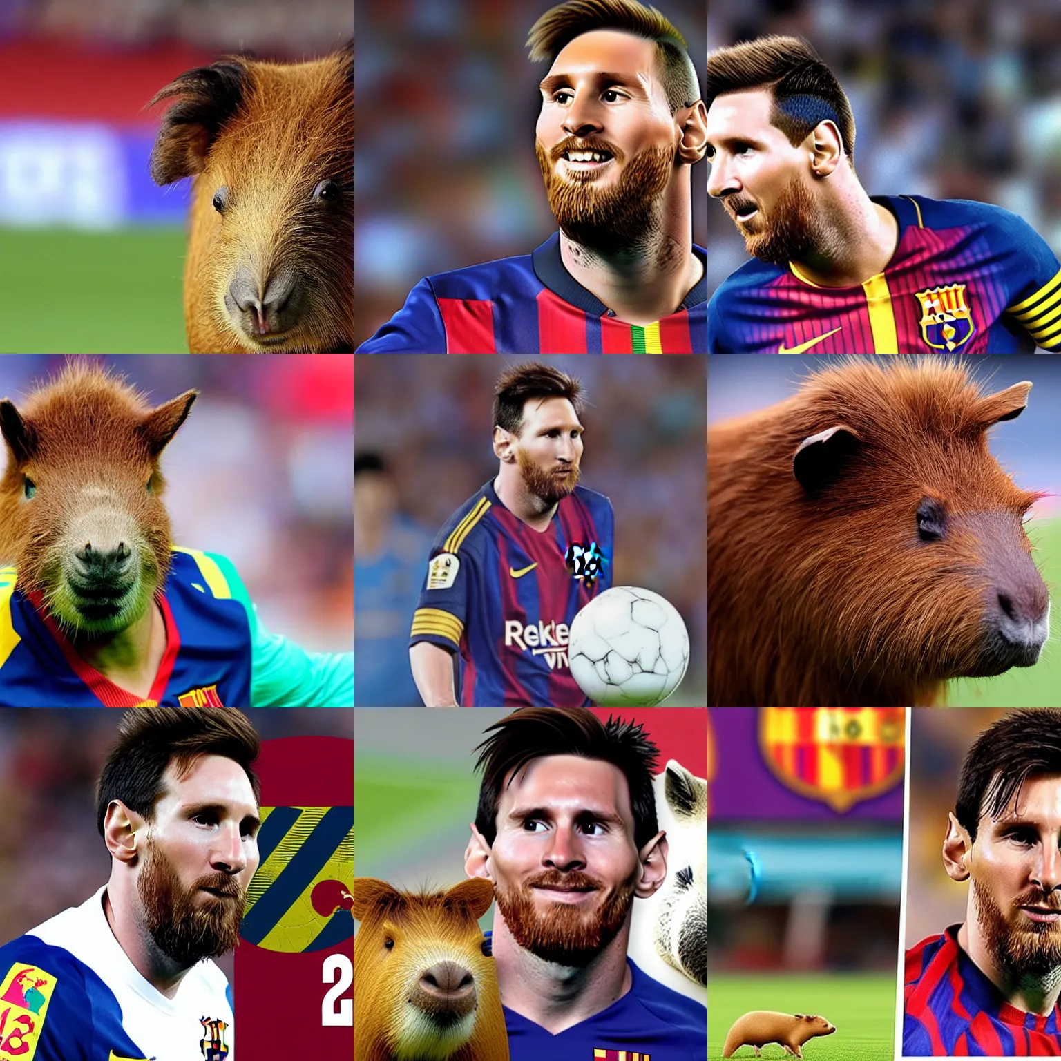 Prompt: a picture of messi, with his head replaced by the head of a capybara