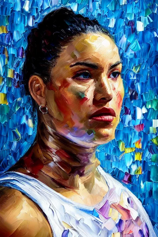 Prompt: palette knife oil painting portrait of estrella, a muscular bouncer with the purity of a unicorn, extreme detail, artstation trending, artgerm, any racial background, deviant art, octane, substance, art history 8 k