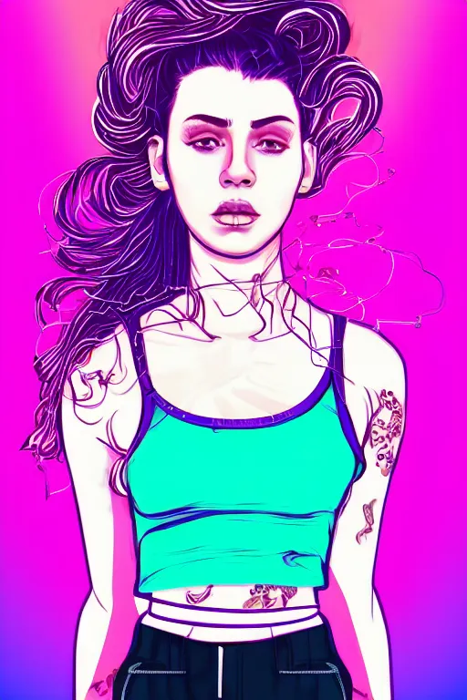 Image similar to a award winning half body portrait of a beautiful woman in a croptop and cargo pants with ombre purple pink teal hairstyle and hands in pockets by ari liloan, surrounded by whirling illuminated lines, outrun, vaporware, shaded flat illustration, digital art, trending on artstation, highly detailed, fine detail, intricate