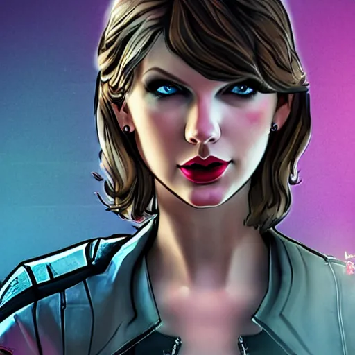 Image similar to taylor swift portrait, borderlands, tales from the borderlands, the wolf among us, comic, cinematic lighting, studio quality, 8 k