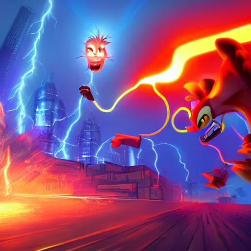Image similar to digital art, trending on artstation, a giant crash bandicoot shooting lightning from his eyes destroying a city