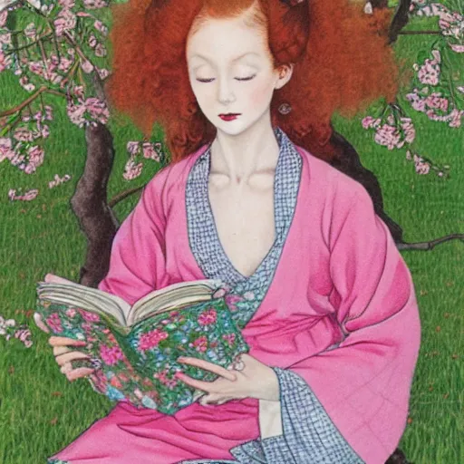 Image similar to beautiful little girl with long curly red hair dressed in a pink kimono and sitting next to a tree while reading a book, artwork made by ayami kojima, inspired in balthus, anatomically correct, higher details, realistic