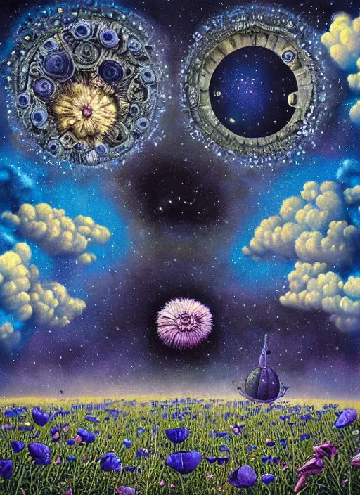 Image similar to detailed, intricate blue black and purple papaverum flower on the field, nebula, galaxy in the sky, winning award masterpiece, fantastically beautiful, illustration, aestheticly inspired, jacek yerka, upscale with anguissola sofonisba work, artstation, 8 k