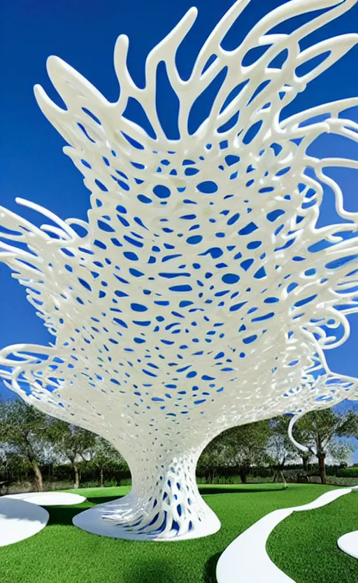 Image similar to elegant white art 3 d printed parametric installation with playful surreal tall lemon groves, beautiful sunny day, fluidity, vincent callebaut, mamou - mani, innovative voronoi pavilion with huge white magnolias above