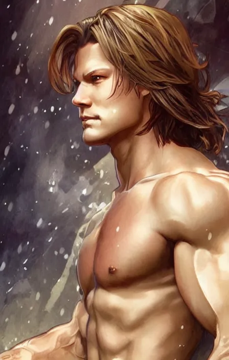 Image similar to pretty muscular sam winchester as a character in a final fantasy art design, character concept, sharp focus!, ultra detailed, art by artgerm alphonse mucha, wlop